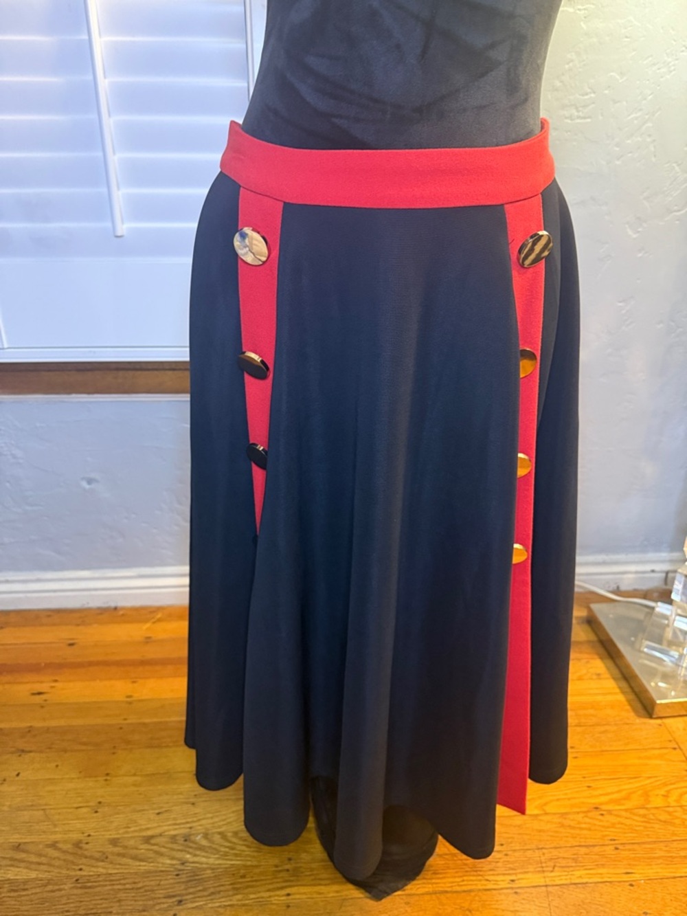 Red Trim Black A-Line Skirt with Decorative Buttons